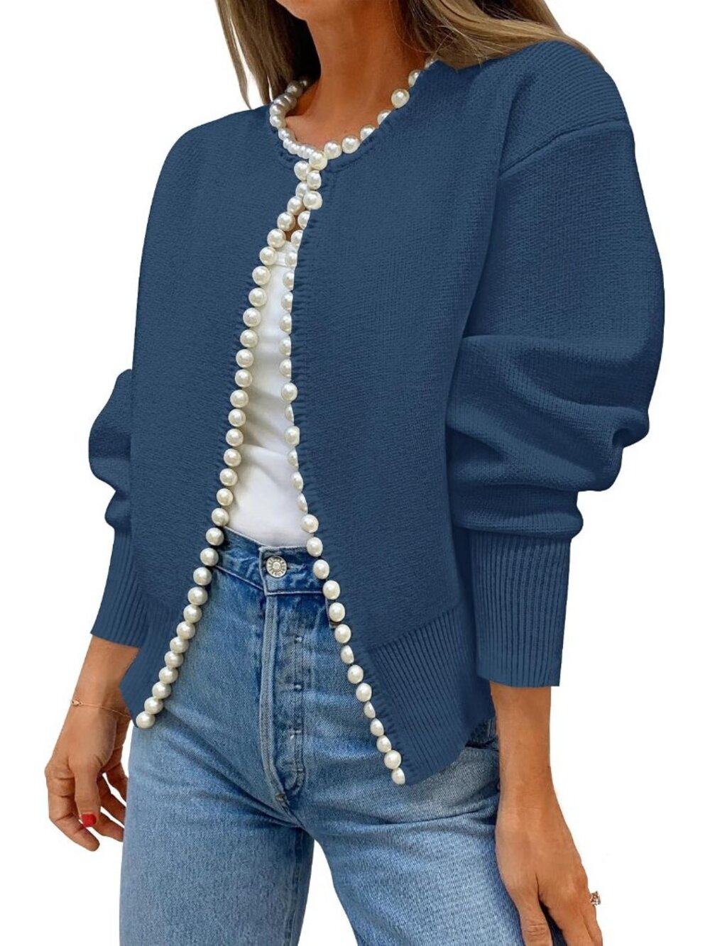 Women’s Dark Blue Pearl Trim Open Front Long Sleeve Knit Coat Cardigan Sweater